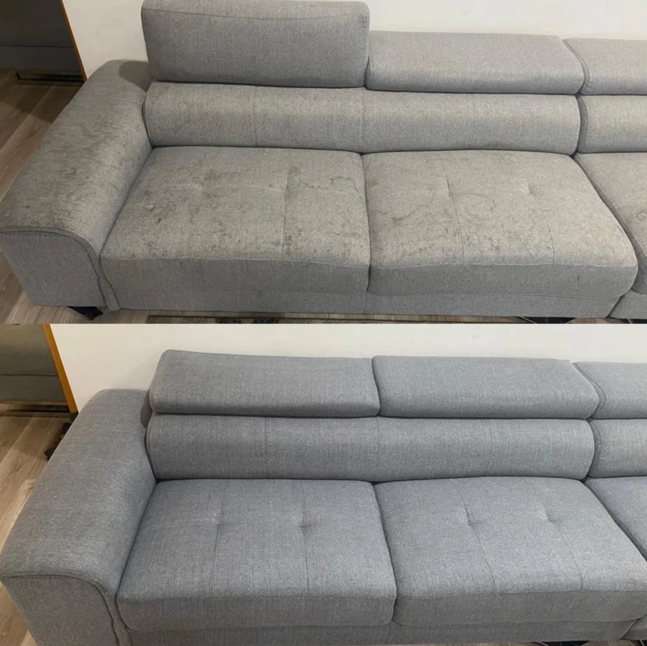 Dirty sectional sofa before and after deep sanitizing and washing. Expert couch disinfection services for Halifax customers