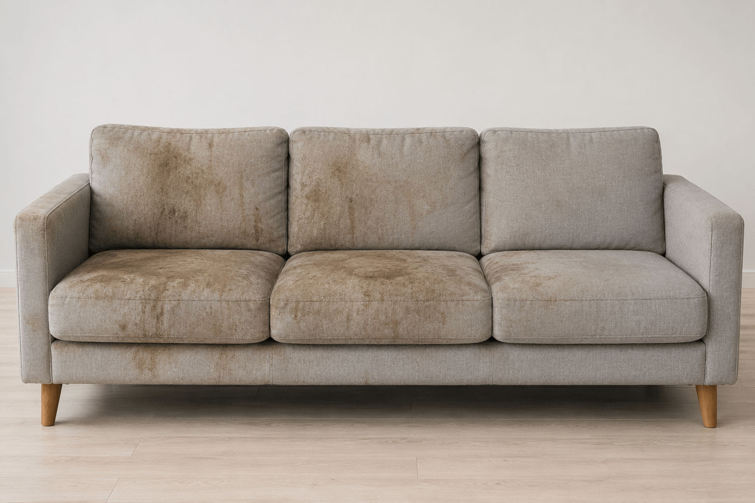 Dirty light grey sofa before professional upholstery cleaning in Halifax